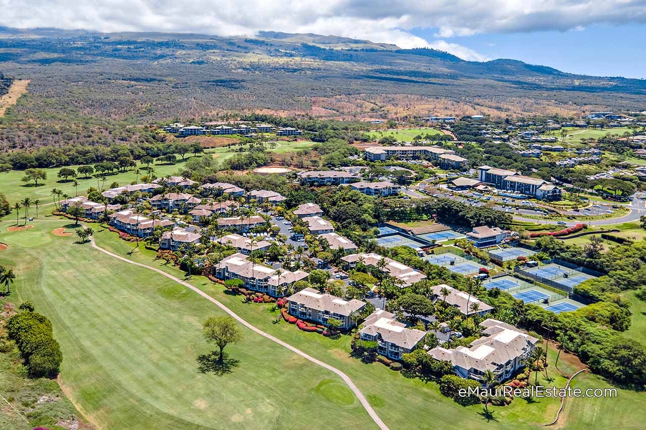 Aerial of Grand Champions Villas in Wailea showing the surrounding fairways